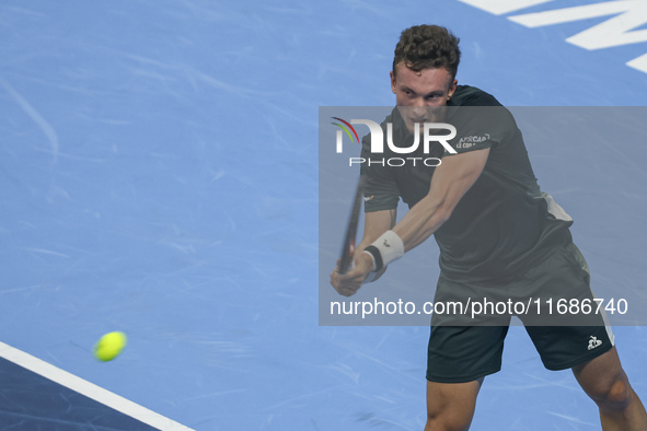 Jiri Lehecka of the Czech Republic in action during the quarter final victory game against Stefanos Tsitsipas of Greece, a tennis match of t...