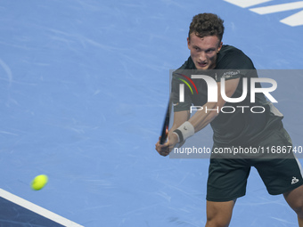 Jiri Lehecka of the Czech Republic in action during the quarter final victory game against Stefanos Tsitsipas of Greece, a tennis match of t...