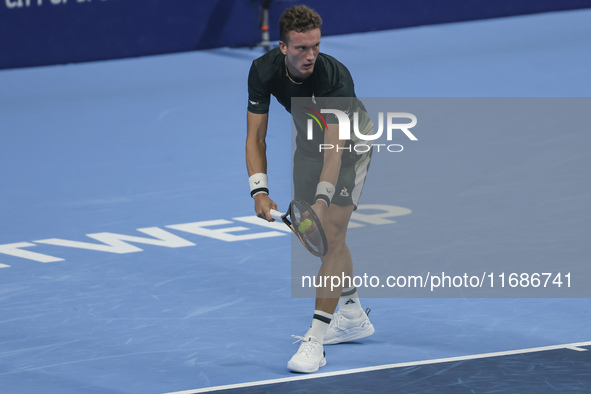 Jiri Lehecka of the Czech Republic in action during the quarter final victory game against Stefanos Tsitsipas of Greece, a tennis match of t...