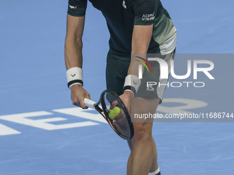 Jiri Lehecka of the Czech Republic in action during the quarter final victory game against Stefanos Tsitsipas of Greece, a tennis match of t...