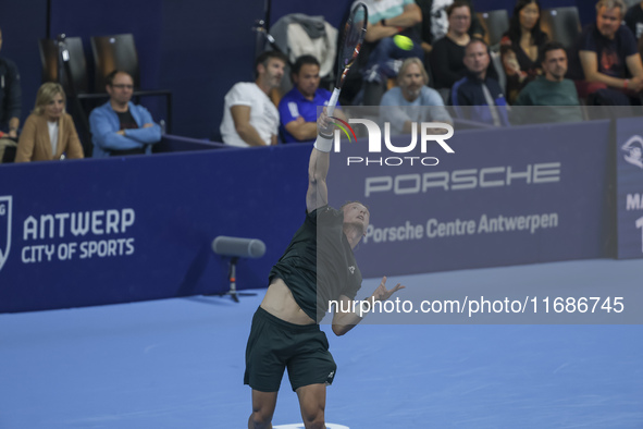 Jiri Lehecka of the Czech Republic in action during the quarter final victory game against Stefanos Tsitsipas of Greece, a tennis match of t...