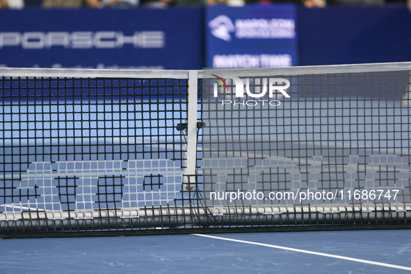 ATP TOUR logo inscription displayed on the net of the central court during a quarter semi final tennis match of the singles competition at t...