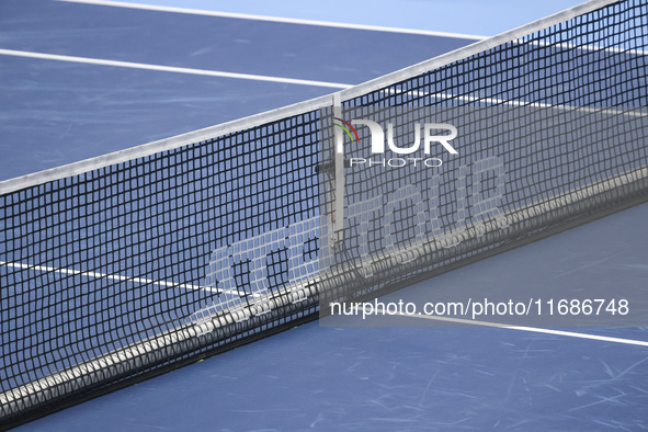 ATP TOUR logo inscription displayed on the net of the central court during a quarter semi final tennis match of the singles competition at t...