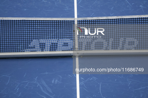 ATP TOUR logo inscription displayed on the net of the central court during a quarter semi final tennis match of the singles competition at t...