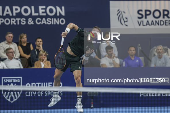 Jiri Lehecka of the Czech Republic in action during the quarter final victory game against Stefanos Tsitsipas of Greece, a tennis match of t...