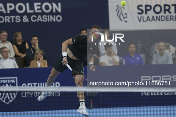 Jiri Lehecka of the Czech Republic in action during the quarter final victory game against Stefanos Tsitsipas of Greece, a tennis match of t...