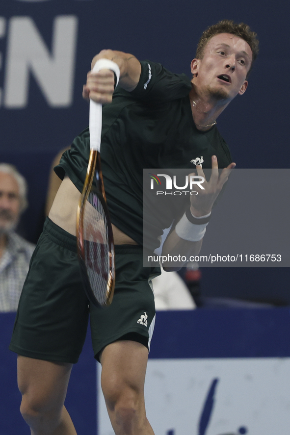 Jiri Lehecka of the Czech Republic in action during the quarter final victory game against Stefanos Tsitsipas of Greece, a tennis match of t...