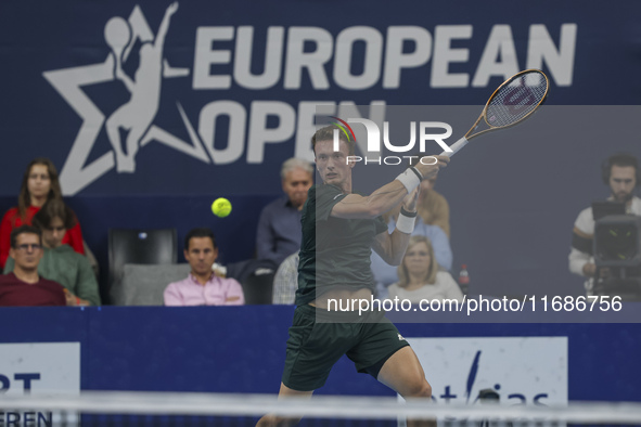 Jiri Lehecka of the Czech Republic in action during the quarter final victory game against Stefanos Tsitsipas of Greece, a tennis match of t...