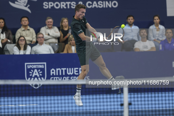 Jiri Lehecka of the Czech Republic in action during the quarter final victory game against Stefanos Tsitsipas of Greece, a tennis match of t...