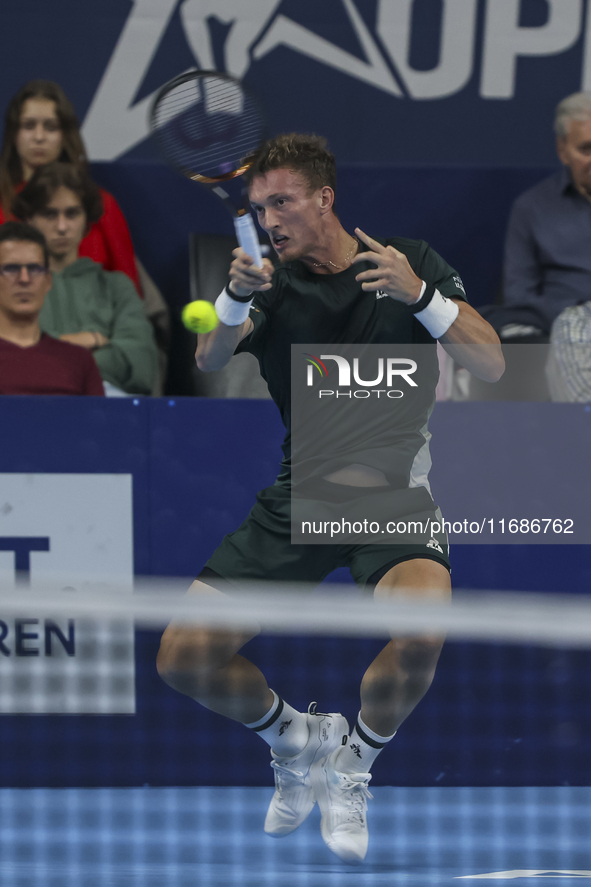 Jiri Lehecka of the Czech Republic in action during the quarter final victory game against Stefanos Tsitsipas of Greece, a tennis match of t...