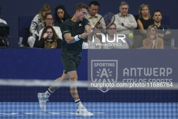 Jiri Lehecka of the Czech Republic in action during the quarter final victory game against Stefanos Tsitsipas of Greece, a tennis match of t...