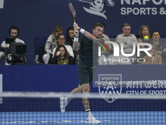 Jiri Lehecka of the Czech Republic in action during the quarter final victory game against Stefanos Tsitsipas of Greece, a tennis match of t...