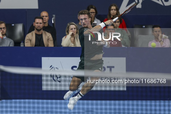 Jiri Lehecka of the Czech Republic in action during the quarter final victory game against Stefanos Tsitsipas of Greece, a tennis match of t...