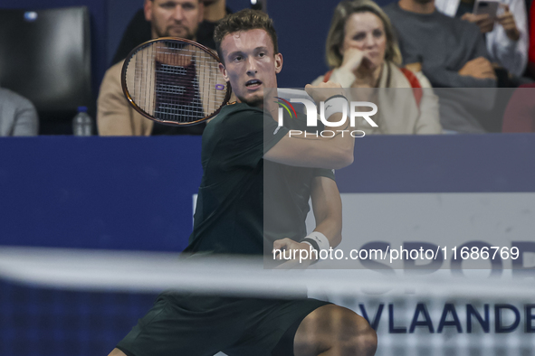 Jiri Lehecka of the Czech Republic in action during the quarter final victory game against Stefanos Tsitsipas of Greece, a tennis match of t...