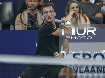 Jiri Lehecka of the Czech Republic in action during the quarter final victory game against Stefanos Tsitsipas of Greece, a tennis match of t...