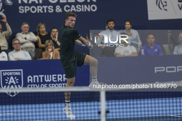 Jiri Lehecka of the Czech Republic in action during the quarter final victory game against Stefanos Tsitsipas of Greece, a tennis match of t...