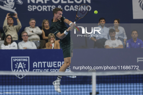 Jiri Lehecka of the Czech Republic in action during the quarter final victory game against Stefanos Tsitsipas of Greece, a tennis match of t...