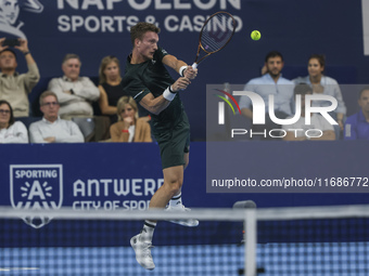 Jiri Lehecka of the Czech Republic in action during the quarter final victory game against Stefanos Tsitsipas of Greece, a tennis match of t...