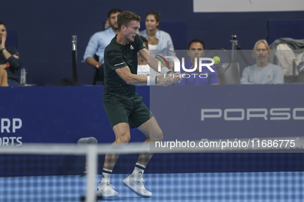 Jiri Lehecka of the Czech Republic in action during the quarter final victory game against Stefanos Tsitsipas of Greece, a tennis match of t...