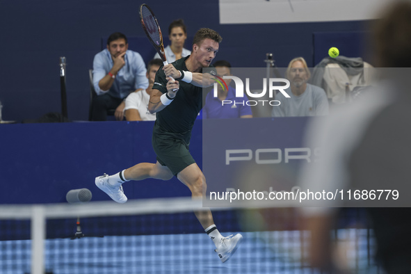 Jiri Lehecka of the Czech Republic in action during the quarter final victory game against Stefanos Tsitsipas of Greece, a tennis match of t...