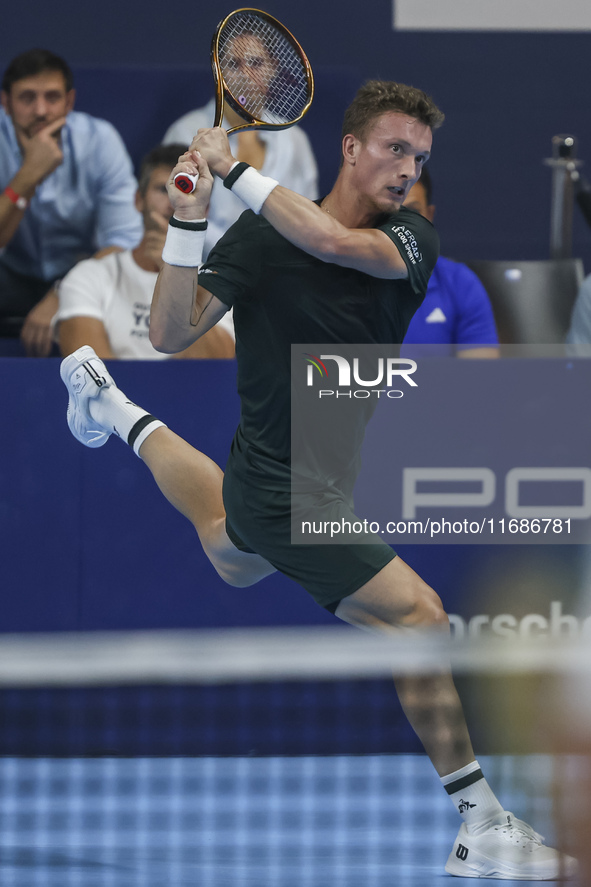 Jiri Lehecka of the Czech Republic in action during the quarter final victory game against Stefanos Tsitsipas of Greece, a tennis match of t...