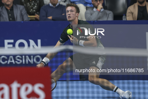 Jiri Lehecka of the Czech Republic in action during the quarter final victory game against Stefanos Tsitsipas of Greece, a tennis match of t...