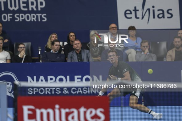 Jiri Lehecka of the Czech Republic in action during the quarter final victory game against Stefanos Tsitsipas of Greece, a tennis match of t...