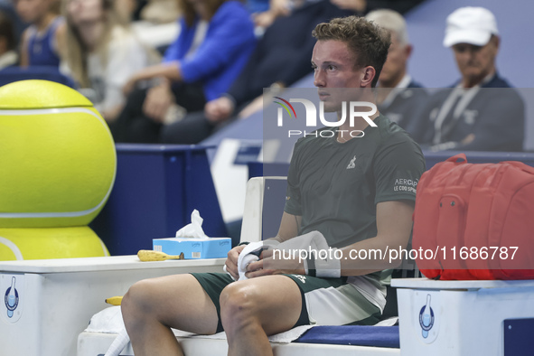 Jiri Lehecka of the Czech Republic resting during the quarter final victory game against Stefanos Tsitsipas of Greece, a tennis match of the...