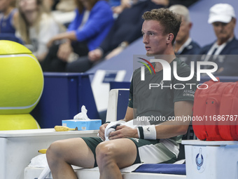 Jiri Lehecka of the Czech Republic resting during the quarter final victory game against Stefanos Tsitsipas of Greece, a tennis match of the...