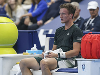 Jiri Lehecka of the Czech Republic resting during the quarter final victory game against Stefanos Tsitsipas of Greece, a tennis match of the...