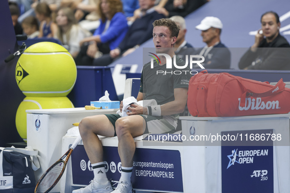 Jiri Lehecka of the Czech Republic resting during the quarter final victory game against Stefanos Tsitsipas of Greece, a tennis match of the...