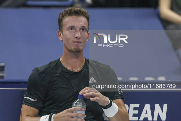 Jiri Lehecka of the Czech Republic in action during the quarter final victory game against Stefanos Tsitsipas of Greece, a tennis match of t...