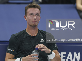 Jiri Lehecka of the Czech Republic in action during the quarter final victory game against Stefanos Tsitsipas of Greece, a tennis match of t...