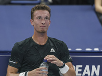 Jiri Lehecka of the Czech Republic in action during the quarter final victory game against Stefanos Tsitsipas of Greece, a tennis match of t...