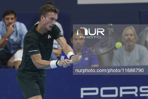 Jiri Lehecka of the Czech Republic in action during the quarter final victory game against Stefanos Tsitsipas of Greece, a tennis match of t...