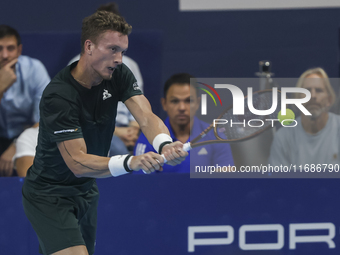 Jiri Lehecka of the Czech Republic in action during the quarter final victory game against Stefanos Tsitsipas of Greece, a tennis match of t...