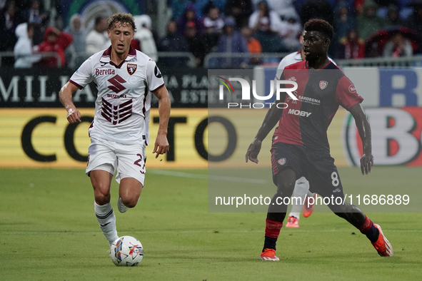 Michel Adopo (#8 Cagliari Calcio) participates in the Serie A TIM match between Cagliari Calcio and Torino FC in Italy on October 20, 2024. 