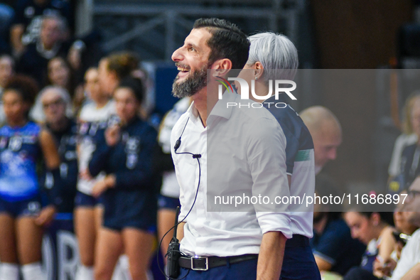 Giulio Cesare Bregoli is the coach of Reale Mutua Fenera Chieri '76 during the Italian women's Serie A1 Tigota Volleyball match between Real...