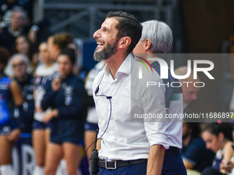 Giulio Cesare Bregoli is the coach of Reale Mutua Fenera Chieri '76 during the Italian women's Serie A1 Tigota Volleyball match between Real...