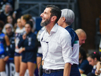 Giulio Cesare Bregoli is the coach of Reale Mutua Fenera Chieri '76 during the Italian women's Serie A1 Tigota Volleyball match between Real...