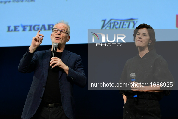 Thierry Fremaux and Irene Jacob at the closing night of the Lyon Light Festival in Lyon, France, on October 20, 2024. 