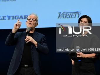 Thierry Fremaux and Irene Jacob at the closing night of the Lyon Light Festival in Lyon, France, on October 20, 2024. (