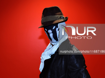 Marcus from Queens dresses as Rorschach from Watchmen for New York Comic Con at the Javits Center in New York City, on October 20, 2024. (