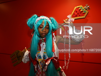 Layla from New Jersey is in character as Strawberry Miku for New York Comic Con at the Javits Center in New York City, on October 20, 2024....