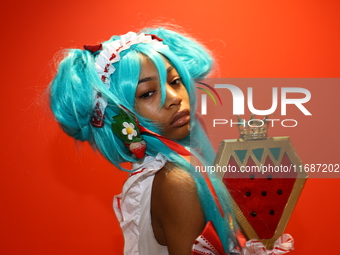 Layla from New Jersey is in character as Strawberry Miku for New York Comic Con at the Javits Center in New York City, on October 20, 2024....