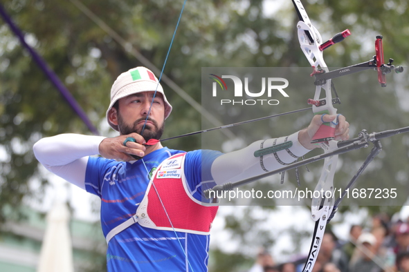 Mauro Nespoli of Italy competes against Matias Grande of Mexico (not in picture) during the Men's recurve quarterfinals match on the final d...