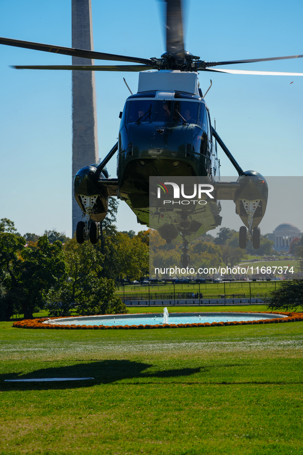 US President Joe Biden walks to the Oval Office after landing on the South Lawn of the White House in Washington, DC, on October 20, 2024, a...