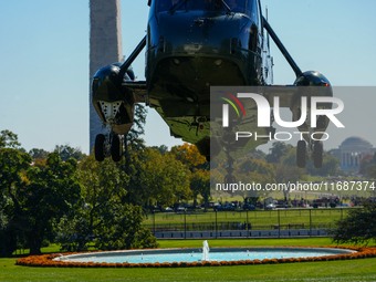 US President Joe Biden walks to the Oval Office after landing on the South Lawn of the White House in Washington, DC, on October 20, 2024, a...