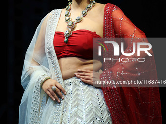 A model walks the ramp showcasing a designer collection during the 'Shaadiyan' season-5 fashion show in Jaipur, Rajasthan, India, on October...