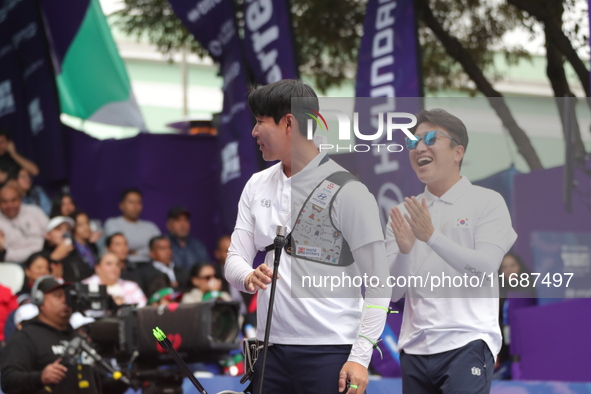 Lee Woo-Seok of Korea competes against Marcus D'Almeida of Brazil (not in picture) during the Men's recurve semifinals match on the final da...